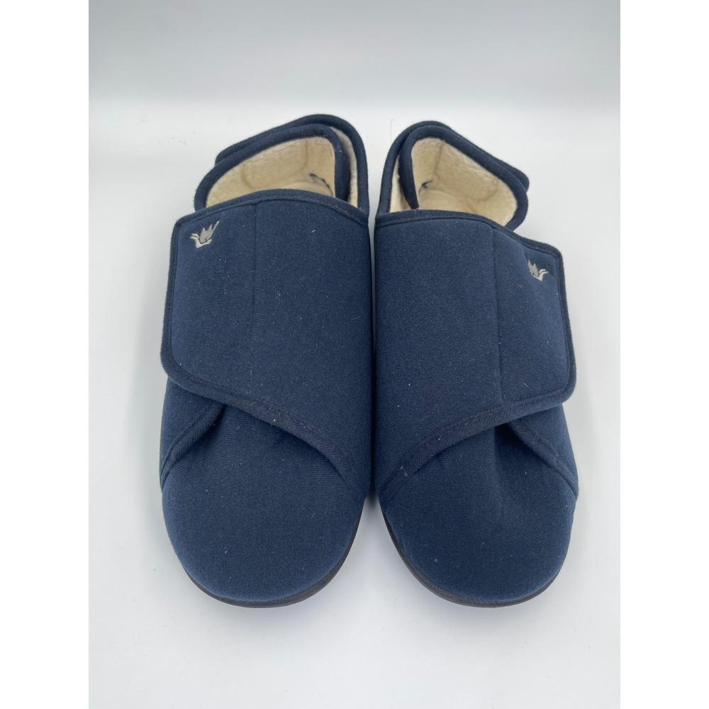 European Softest Wide Fuzzy Fleece Diabetic Slippers M12/W14 Navy Comfort Shoes